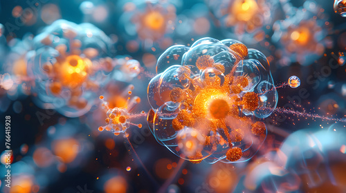 A striking representation of virus-like particles in an abstract, colorful digital rendering suggesting motion and interaction