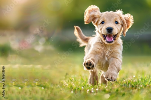 summer concept playful happy pet dog puppy running in grass