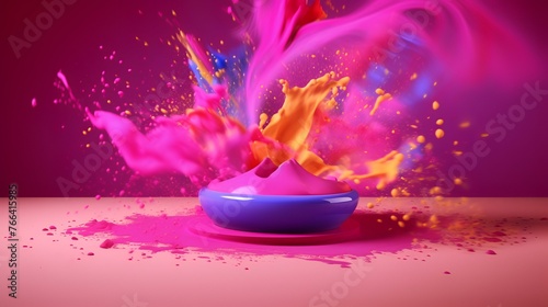 3d rendering of colorful paint splashing in a bowl on pink background