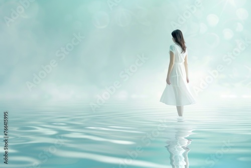 Purity and fragile concepts with sensible woman standing in cleansing liquid or water