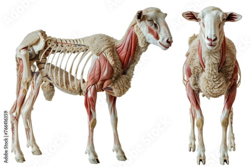 sheep anatomy showing body and head, face with muscular system visible isolated on white background photo