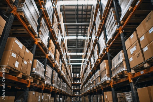 Shelves of huge warehouse with cardboard boxes