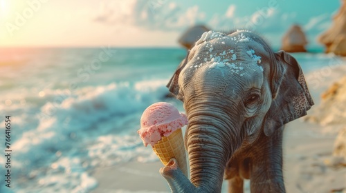 Playful Elephant with Pink Ice Cream by the Sea