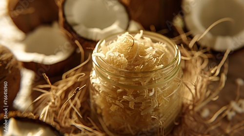 Close-up of a jar filled with organic coconut oil, surrounded by fresh coconuts