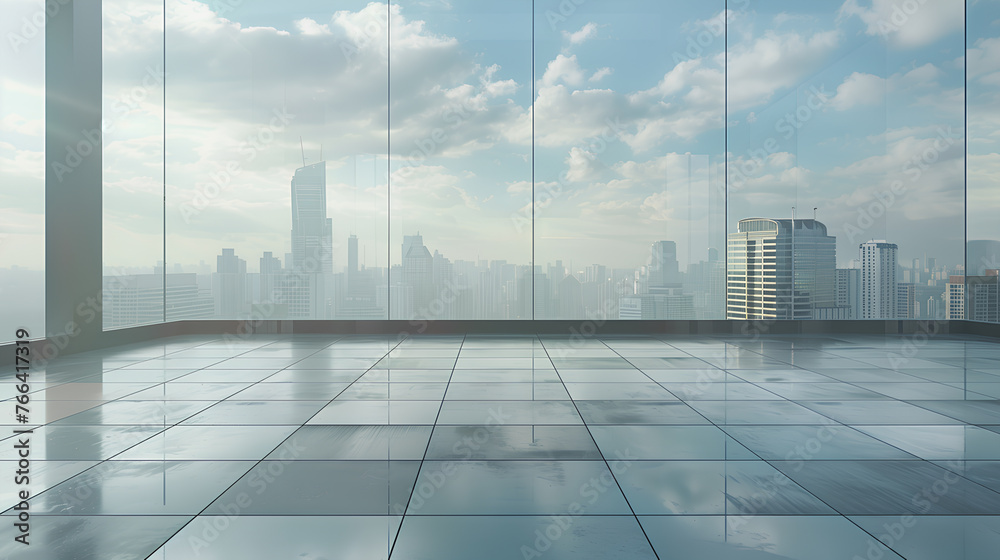 Fototapeta premium A city skyline is reflected in a large window