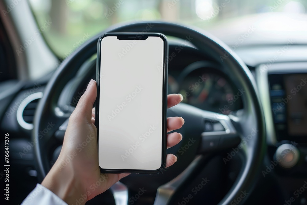 person Driver holding phone white screen on steering wheel background