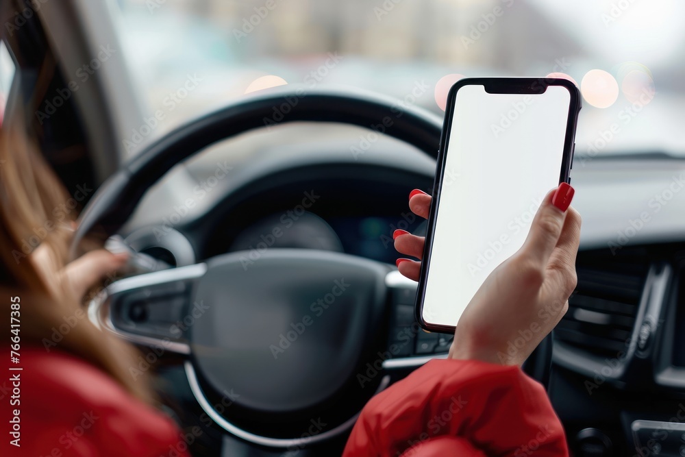 person Driver holding phone white screen on steering wheel background