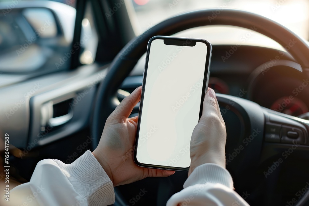 person Driver holding phone white screen on steering wheel background person Driver holding phone white screen on steering wheel background