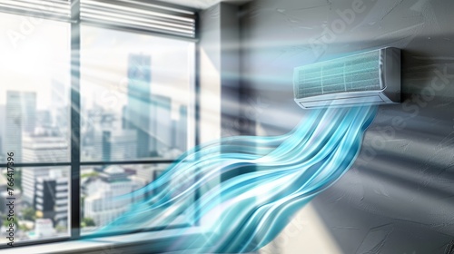 An air conditioner mounted on the wall emits cool air, blue waves flowing down the wall.