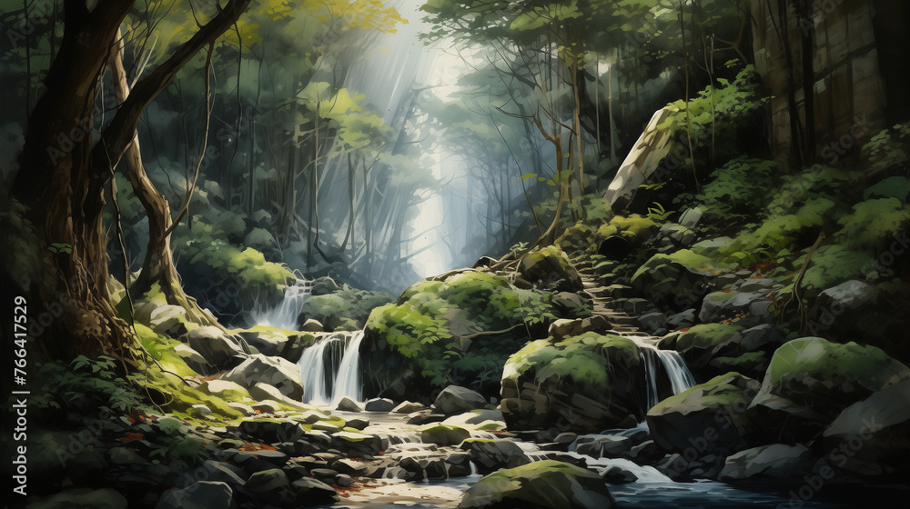 Immerse yourself in the beauty of a refreshing watercolor artwork showcasing a lush tropical jungle with cascading waterfalls. - obrazy, fototapety, plakaty 