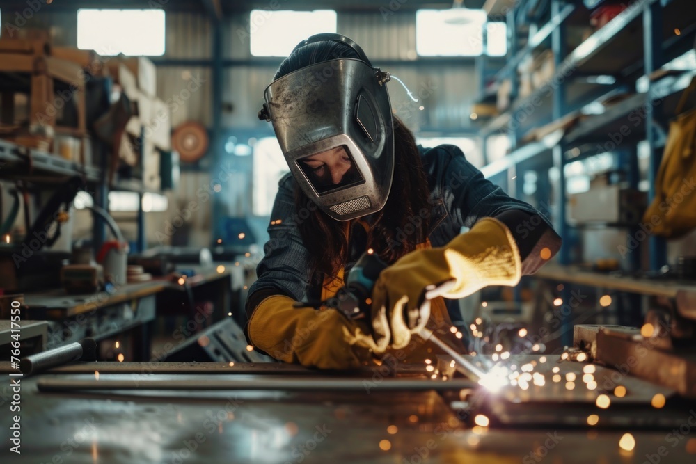 Woman in welding helmet working on piece of metal in workshop Woman in welding helmet working on piece of metal in workshop