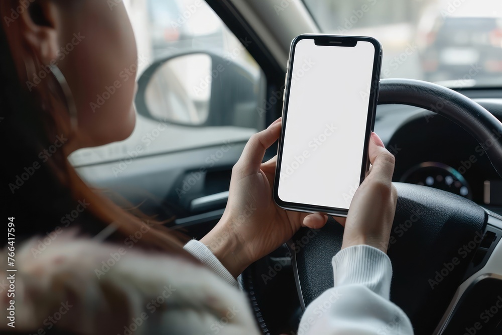 Woman sitting behind the wheel and showing phone with white screen mockup through window Woman sitting behind the wheel and showing phone with white screen mockup through window