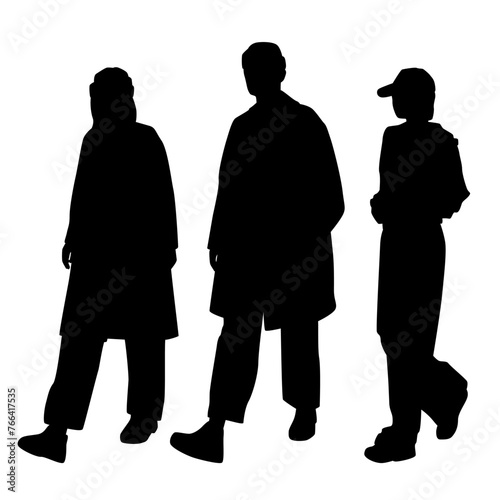 Vector silhouettes of  man and a  two women, a group of walking business people, profile, black  color isolated on white background