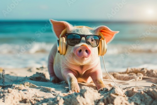 Pig on the beach with sunglasses and headphones © Igor