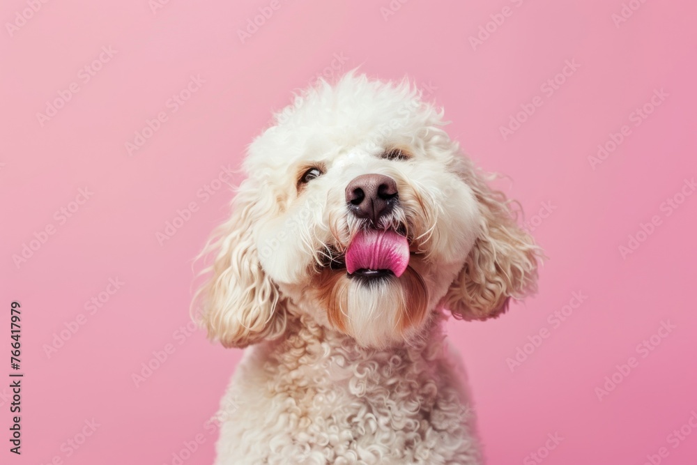 Portrait hungry and funny cute dog licking it lips with tongue on color background - obrazy, fototapety, plakaty 