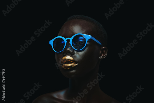 Cool black an white woman portrait. Style. Handsome Cool Afro American girl in sun glasses is looking at camera and smiling. © Igor Link