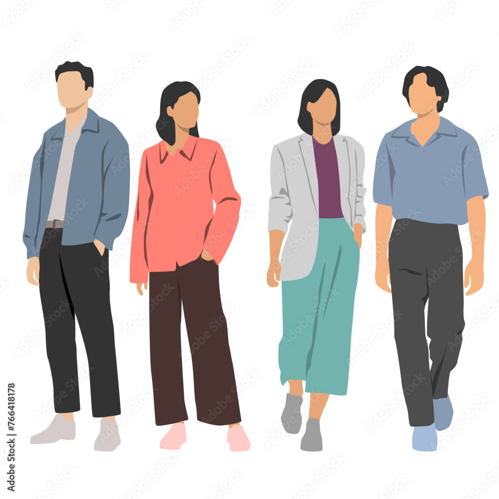 Set of young men and women , different colors, cartoon character, group of silhouettes of standing business people, students, design concept of flat icon, isolated on white background Set of young men and women , different colors, cartoon character, group of silhouettes of standing business people, students, design concept of flat icon, isolated on white background