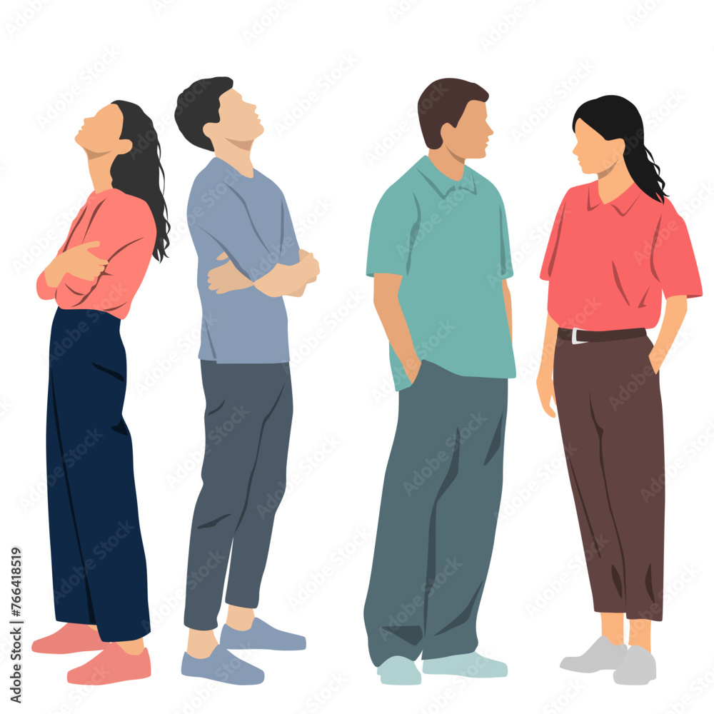 Set of young men and women , different colors, cartoon character, group of silhouettes of standing business people, students, design concept of flat icon, isolated on white background Set of young men and women , different colors, cartoon character, group of silhouettes of standing business people, students, design concept of flat icon, isolated on white background