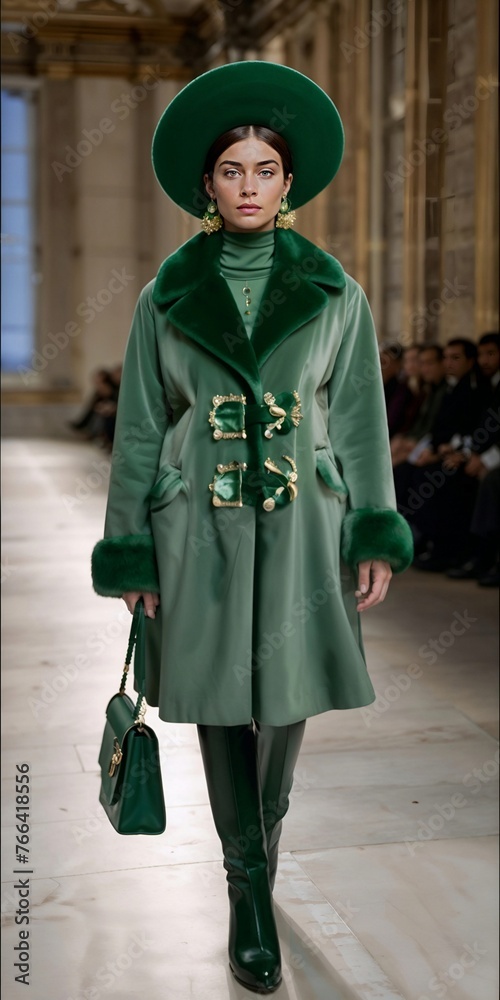 Fototapeta premium A model in a deep green outfit, strutting down the runway at a fashion show