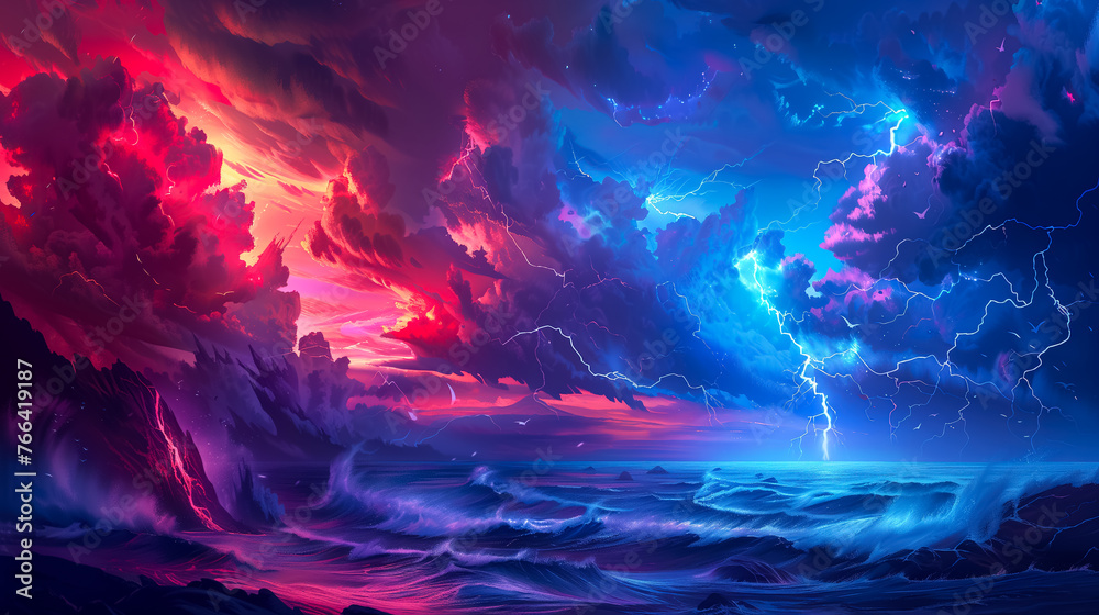 Fototapeta premium Lightning thunderstorm flash over the night sky. Concept on topic weather, cataclysms (hurricane, Typhoon, tornado, storm)