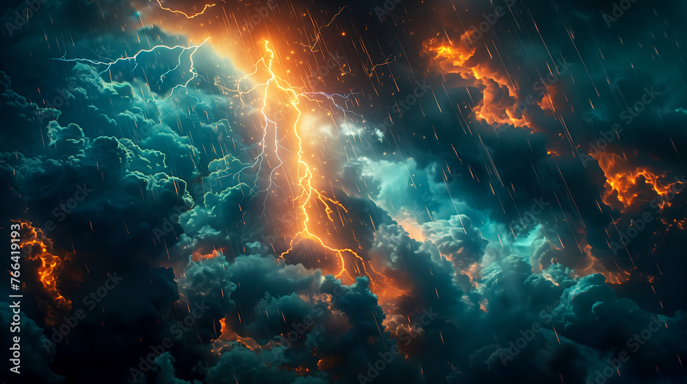 Lightning thunderstorm flash over the night sky. Concept on topic weather, cataclysms (hurricane, Typhoon, tornado, storm) - obrazy, fototapety, plakaty 