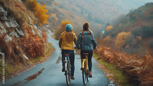 Two cyclists on rural trail at dusk. Scenic countryside cycling, friendship and leisure activity concept, Outdoor cycling, adventure travel concept