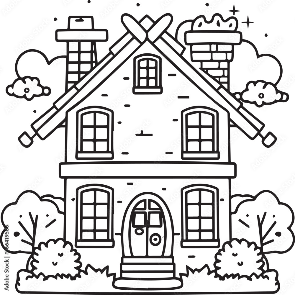 House coloring pages. House outline vector for coloring book