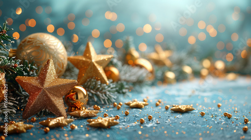 golden xmas stars on blue background for merry christmas or season greetings message,bright decoration.