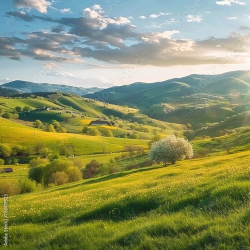 "Sunny afternoon in the picturesque Romanian countryside, boasting a stunning springtime mountain landscape with lush fields and rolling hills."