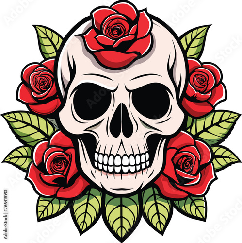 Skull with red roses on a white background. Vector illustration. for t shirt design