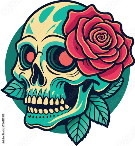 Skull with roses. Vector illustration retro color