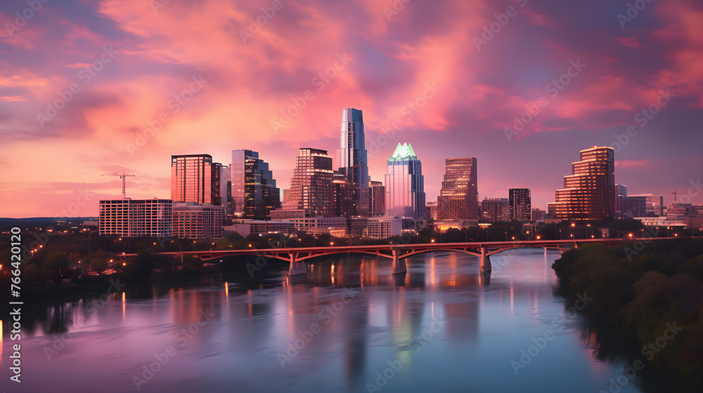 Stunning Capture of Austin City Skyline at Sunset Reflecting on Lady Bird Lake