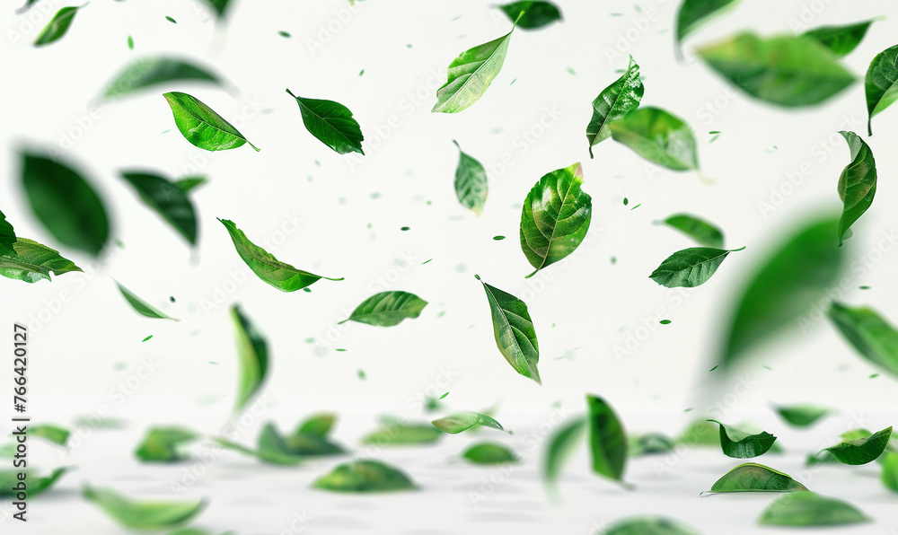 falling green leaves on white background. falling green leaves on white background.
