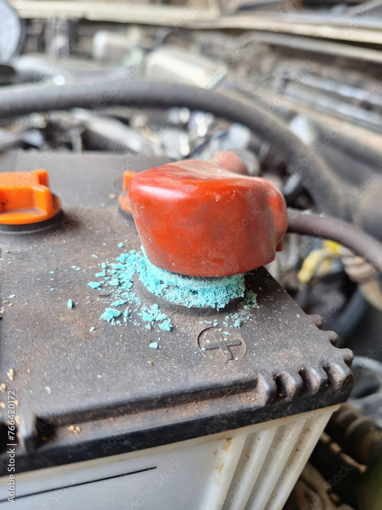 A corroded car battery terminal. Oxidized and dirty car battery terminal. Battery terminals