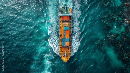 The cargo container ship , serve on the ocean, top view, trade economic world concept