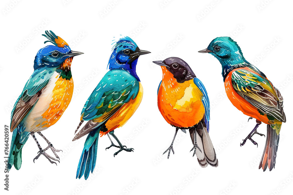 Collection of 4 Beautiful bird In different view, isolated on white background PNG