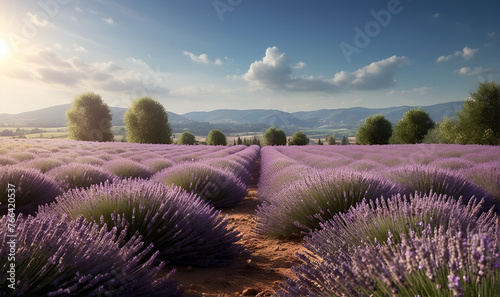 Hills of lavender blossom fields under sunny skies