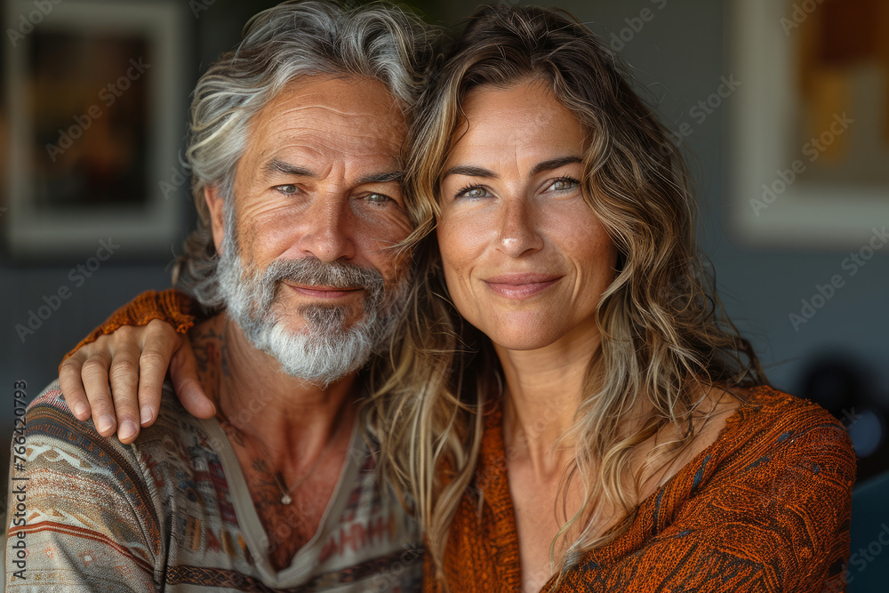 A man and a woman are smiling at the camera. The man is wearing a sweater and the woman is wearing a sweater. older couple 55 plus, fitness, looking into the camera. Portrait in a warm colors A man and a woman are smiling at the camera. The man is wearing a sweater and the woman is wearing a sweater. older couple 55 plus, fitness, looking into the camera. Portrait in a warm colors