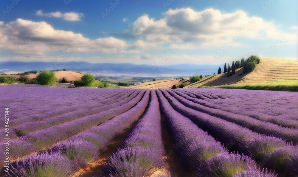 Obraz premium Hills of lavender blossom fields under sunny skies