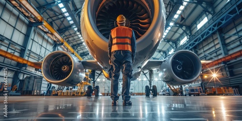 Aircraft Mechanic checking jet engine of the airplane photo