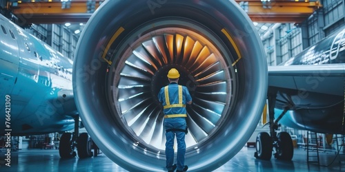 Aircraft Mechanic checking jet engine of the airplane