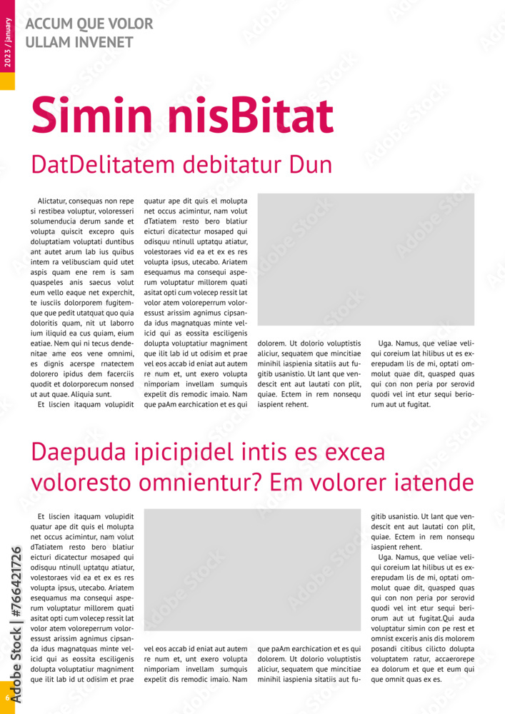 magazine mockup, annual report mockup with pink headers, four-column layout, A4, 8x11 in