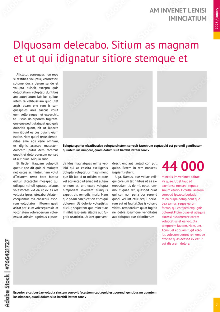 magazine mockup, annual report mockup with pink headers, four-column layout, A4, 8x11 in magazine mockup, annual report mockup with pink headers, four-column layout, A4, 8x11 in