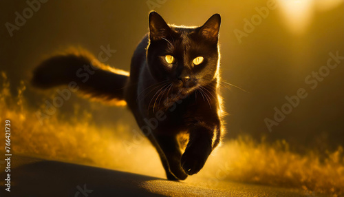 Cute black long-haired cat running and looking straight into the camera. Isolated on a dark background. Illumination by bright sunlight. Empty space for your text. Generative AI.
