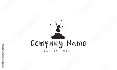 A vector logo with an abstract image of a little girl standing on a cloud and reaching for a star.