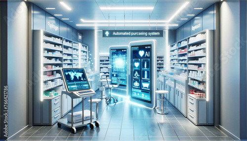 Futuristic Pharmacy Interior with Digital Interfaces health monitoring organized medication shelves .