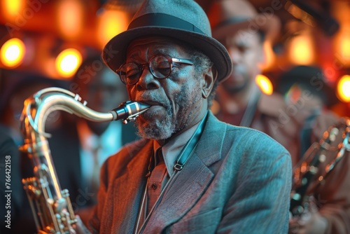 African-American musician in suit playing saxophone with passion as part of a stylish jazz band. The ensemble performs in an atmospheric club setting