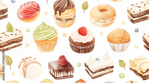 Watercolor Dessert Pattern. watercolor cupcake donuts, cake patterns for wallpapers, fabrics, textiles, and banners