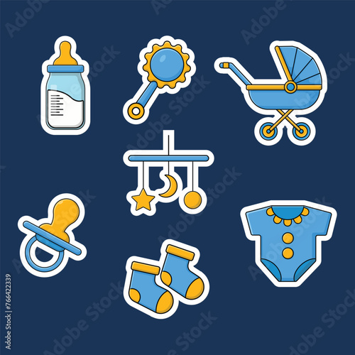 Cute Baby Supplies Stickers Collection Vector Illustration. Baby Element Concept Design