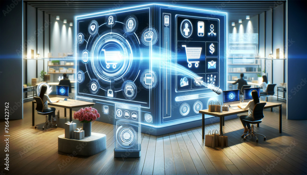 E-Commerce Digital Interface with Holographic Projection.Dynamic digital interface for e-commerce with holographic shopping cart projection, . E-Commerce Digital Interface with Holographic Projection.Dynamic digital interface for e-commerce with holographic shopping cart projection, .